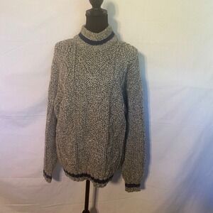 Interim Women's Cable Knit Turtleneck Sweater Grey Blue Trim Size M